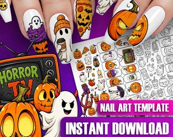 Sjabloonstickers Halloween-nailart-sjabloon: Spooky Pumpkin Ghost-nagelstickers