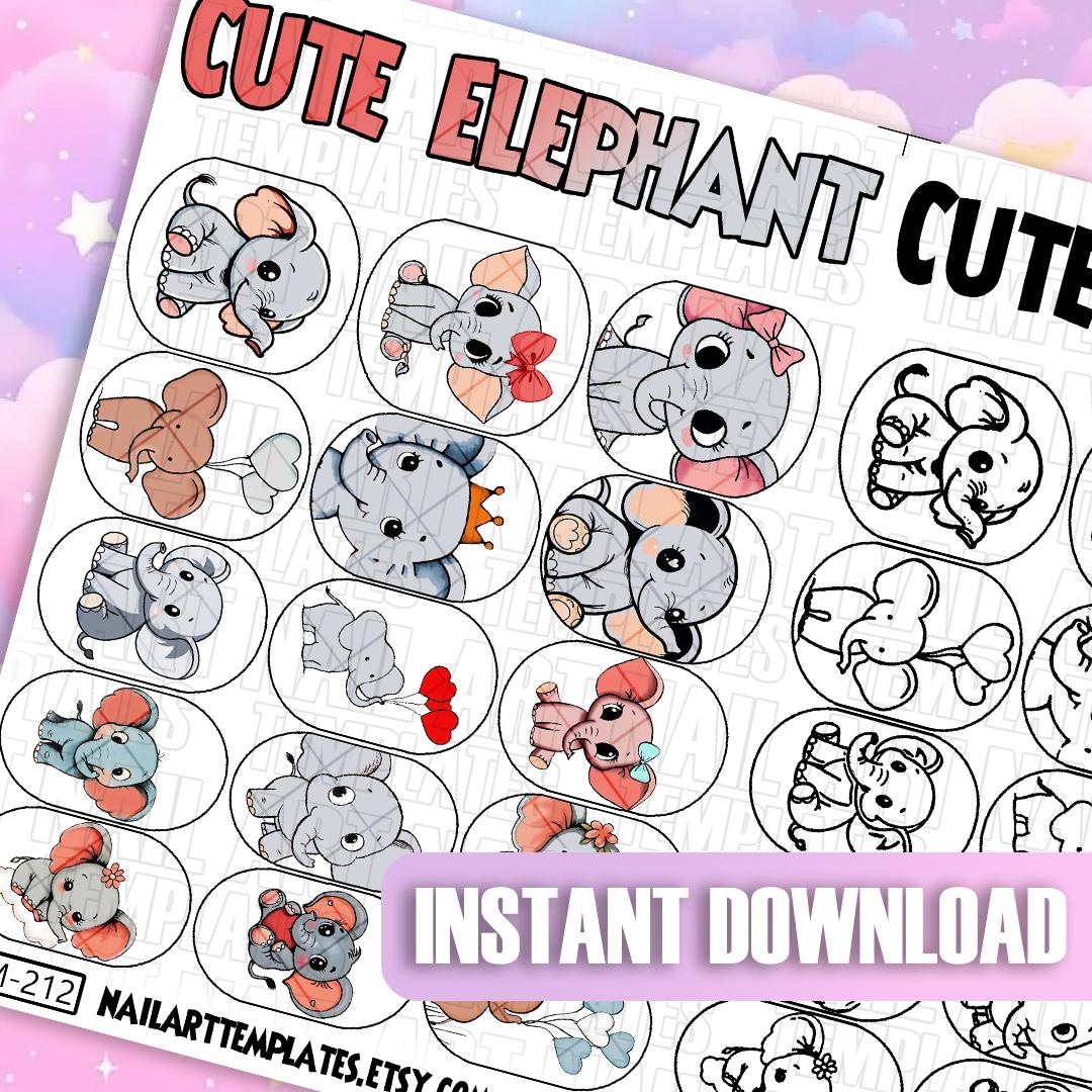 Elephant Nail Art Templates | Cute Elephant Stickers | Digital Nail Art | Nail Practice Sheets ...