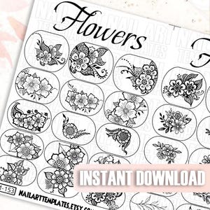 Puede incluir: Una hoja de plantillas de arte de uñas con varios diseños florales en blanco y negro. La palabra "Flowers" está escrita en cursiva en la parte superior. La frase "Instant Download" también es visible. Las plantillas son para arte de uñas.