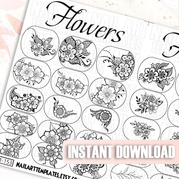 Floral Nail Art Templates | Digital Nail Wraps | Flower Nail Decals | DIY Nail Art Design | Nail Stickers Printable | Nail Guides for Art