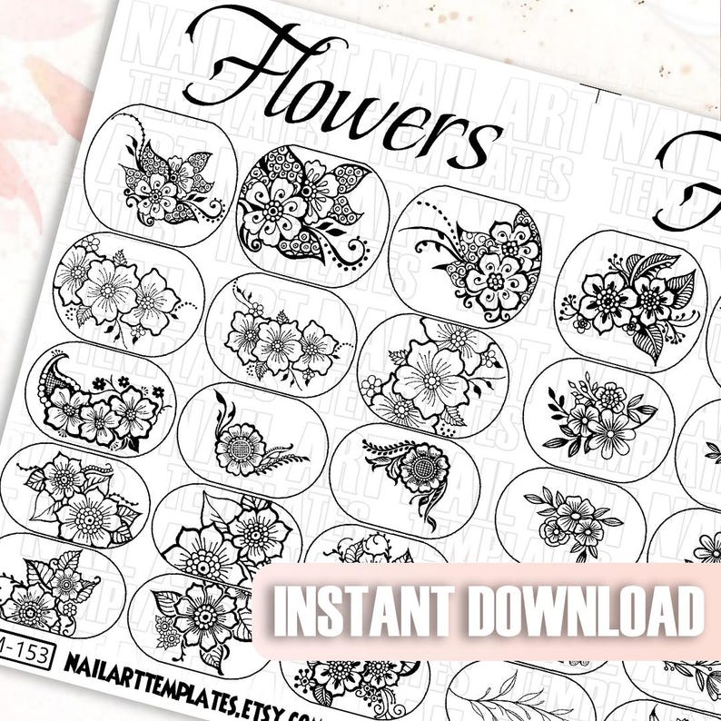 Puede incluir: Una hoja de plantillas de arte de u&ntilde;as con varios dise&ntilde;os florales en blanco y negro. La palabra "Flowers" est&aacute; escrita en cursiva en la parte superior. La frase "Instant Download" tambi&eacute;n es visible. Las plantillas son para arte de u&ntilde;as.
