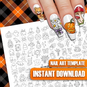 May include: A white sheet featuring a collection of black line art icons including pumpkins, ghosts, skulls, and bats, with fingernails displaying colourful nail art designs of a teddy bear, daisies, a jack-o'-lantern, and mushrooms.