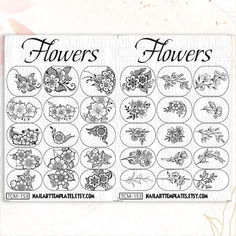 Puede incluir: Una l&aacute;mina de plantillas de arte de u&ntilde;as con varios dise&ntilde;os florales en blanco y negro. La palabra "Flowers" est&aacute; escrita en cursiva en la parte superior. El nombre de la tienda Etsy y el n&uacute;mero de plantilla est&aacute;n en la parte inferior.