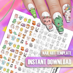 Könnte beinhalten: Nagelkunst-Schablonenblatt mit verschiedenen Cartoon-Tierdesigns, darunter ein Frosch, eine Katze und ein Einhorn. Das Blatt enthält auch den Text "NAIL ART TEMPLATE" und "INSTANT DOWNLOAD".