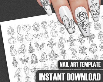 Halloween Nail Art Template: Origami Gothic Decals, Sticker Practice Sheet, Crystal Pumpkin Wraps