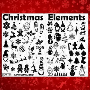 May include: Black and white Christmas themed nail art design elements.  The design includes a variety of images such as a Christmas tree, reindeer, Santa Claus, snowflakes, candy canes, and more.  The text "Christmas Elements" is at the top of the image.