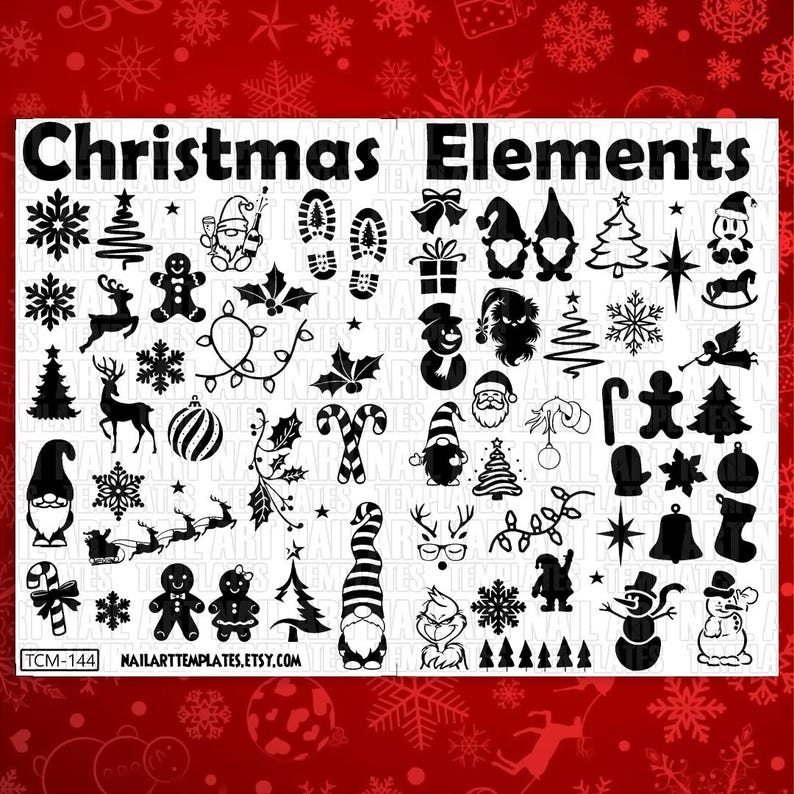 May include: Black and white Christmas themed nail art design elements.  The design includes a variety of images such as a Christmas tree, reindeer, Santa Claus, snowflakes, candy canes, and more.  The text "Christmas Elements" is at the top of the image.
