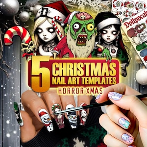 Puede incluir: Una mano con uñas largas y decoradas con una variedad de diseños de terror con temática navideña. Los diseños incluyen un Papá Noel zombi, un muñeco de nieve y otros personajes espeluznantes. La imagen también muestra el texto "5 Christmas Nail Art Templates Horror Xmas."