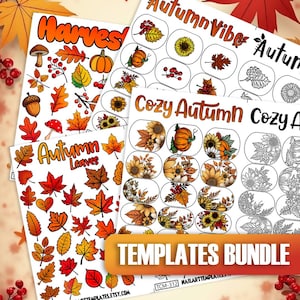 May include: A collection of autumn-themed nail art templates. Designs include pumpkins, sunflowers, leaves, and the words "Harvest," "Autumn Vibes," "Autumn Leaves," and "Cozy Autumn." The templates are arranged on white sheets with an orange "TEMPLATES BUNDLE" banner.
