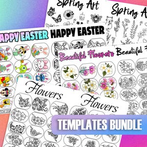 Lot de modèles de nail art | Décalcomanies à ongles de Pâques | Stickers fleurs et dessins animés | Dessins d'ongles numériques | Protège-ongles imprimables