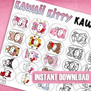 Modèle de nail art kawaii | Stickers ongles chaton | Guide pratique de dessin animé pour le nail art | Conception d'autocollants à ongles DIY | Feuille de nail art numérique
