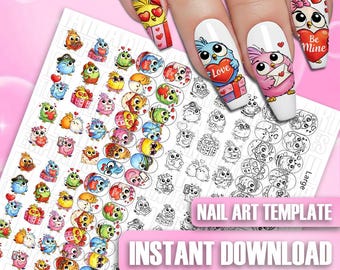 Feuilles d'exercices pour le nail art Love Birds : modèles d'autocollants pour la Saint-Valentin
