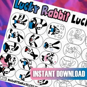 Retro Cartoon Bunny Nail Art Templates | Digital Nail Design Stickers | Printable Practice Sheets | Cute Rabbit Nail Art Guide Sheet
