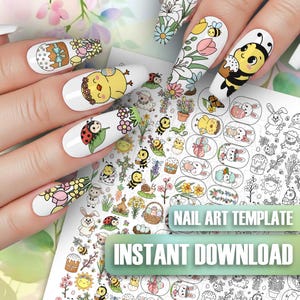 Puede incluir: Plantilla de arte de uñas con diseños temáticos de Pascua. La imagen muestra uñas manicuradas con varias calcomanías con temas de primavera, incluyendo pollitos, abejas, mariquitas y patrones florales. La hoja de plantilla presenta diseños adicionales. El texto en la hoja dice "NAIL ART TEMPLATE" y "INSTANT DOWNLOAD."