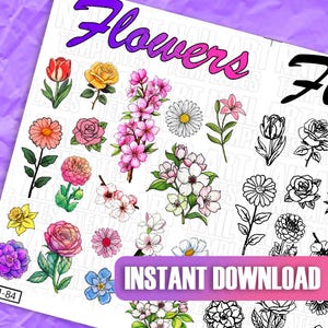 Può includere: Un foglio di download digitale di 20 illustrazioni di fiori. Il foglio include una varietà di fiori a colori e in bianco e nero. I fiori includono tulipani, rose, margherite e ciliegi in fiore. Il testo "INSTANT DOWNLOAD" è in fondo al foglio.