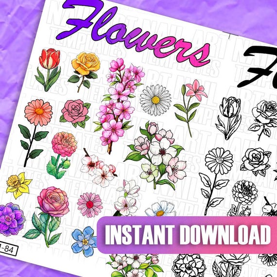 Floral Nail Art Templates | Flower Nail Decal Template | Practice Sheet | Nail Art Guides | Flower Designs | Digital Nail Art Decals
