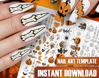 Halloween Nail Art Template: Spooky Decals, Stickers, Wraps, Printable Practice Sheet