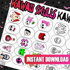 Szablony do zdobienia paznokci Kawaii Skulls | Urocze naklejki na paznokcie Halloween | Cyfrowy przewodnik po zdobieniu paznokci | Arkusz ćwiczeń | Naklejki na paznokcie w kształcie czaszki | Paznokcie w kształcie czaszki