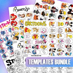 Cute Cartoon Nail Art Templates Bundle | Digital Nail Design Sheets | Printable Practice Decals for DIY Nails | Fun Characters Collection