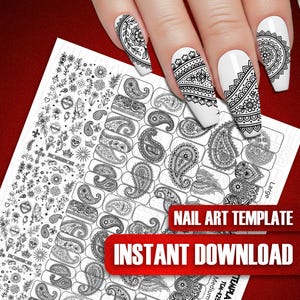 Puede incluir: Una plantilla de arte de uñas con varios diseños de cachemira y otros elementos decorativos. La imagen también muestra una mano con uñas blancas, cada una adornada con un diseño de cachemira negro. El texto "NAIL ART TEMPLATE" y "INSTANT DOWNLOAD" son visibles.