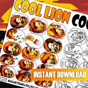 Cool Lion Nail Art Template | Digital Nail Decals | Printable Practice Sheet | Funny Animal Nail Stickers | Cute Cartoon Nail Design