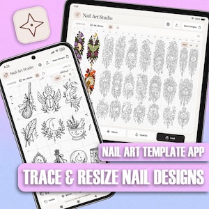 Puede incluir: Un teléfono inteligente y una tableta que muestran la interfaz de la aplicación Nail Art Studio, con una cuadrícula de diseños de arte lineal en blanco y negro que incluyen lunas, serpientes, plumas y elementos botánicos.