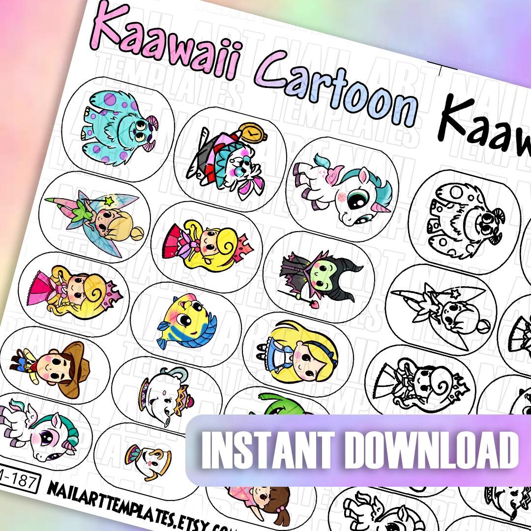 Kawaii Nail Art Templates | Cute Cartoon Nail Decals | Digital Practice Sheets | Nail Design ...