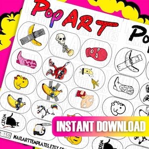 Szablon do zdobienia paznokci Pop Art | Naklejki z bananem, czaszką, sercem i memami | Wydrukowane arkusze ćwiczeń do kreatywnego zdobienia paznokci | Kolorowe zdobienie paznokci