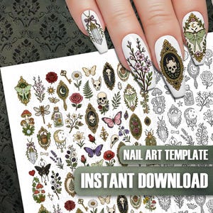 Può includere: Un foglio di adesivi per unghie con una varietà di illustrazioni colorate tra cui teschi, falene, farfalle, fiori, funghi, chiavi e specchi decorati. Il testo NAIL ART TEMPLATE e INSTANT DOWNLOAD è stampato sul foglio.