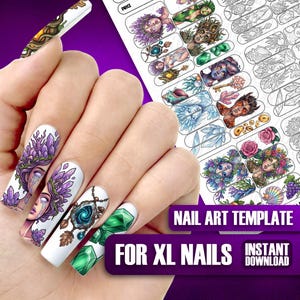 Nagelkonstmall: Kristall Ädelsten Sjöjungfru Fantasi Dekaler Klistermärken Wraps XL Naglar Övningsblad