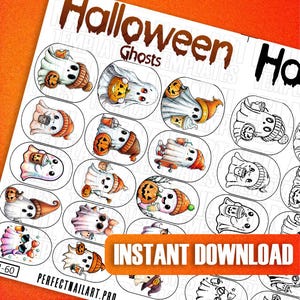 May include: A set of 20 printable nail art designs featuring cute ghosts in various poses, holding pumpkins, wearing hats, and carrying coffee cups. The designs are perfect for Halloween nail art.