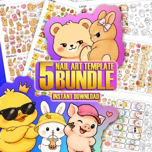 May include: A digital nail art template bundle featuring cartoon illustrations of a bear, rabbit, duck with sunglasses, and pig. The graphic includes the text 5 NAIL ART TEMPLATE BUNDLE and INSTANT DOWNLOAD, displayed over multiple sheets of small character stickers.