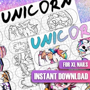 Printable XL Nail Art Guide | Unicorn Character Nail Decals | Kawaii Fantasy Design Sheets | Nail Practice Template | Nail Art Templates