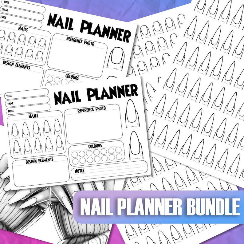 Peut inclure: Un ensemble de planificateurs d'ongles avec des feuilles blanches et des contours noirs. Les feuilles comprennent des espaces pour les dessins d'ongles, les photos de r&eacute;f&eacute;rence et les nuanciers. Le texte "NAIL PLANNER" est bien en &eacute;vidence.