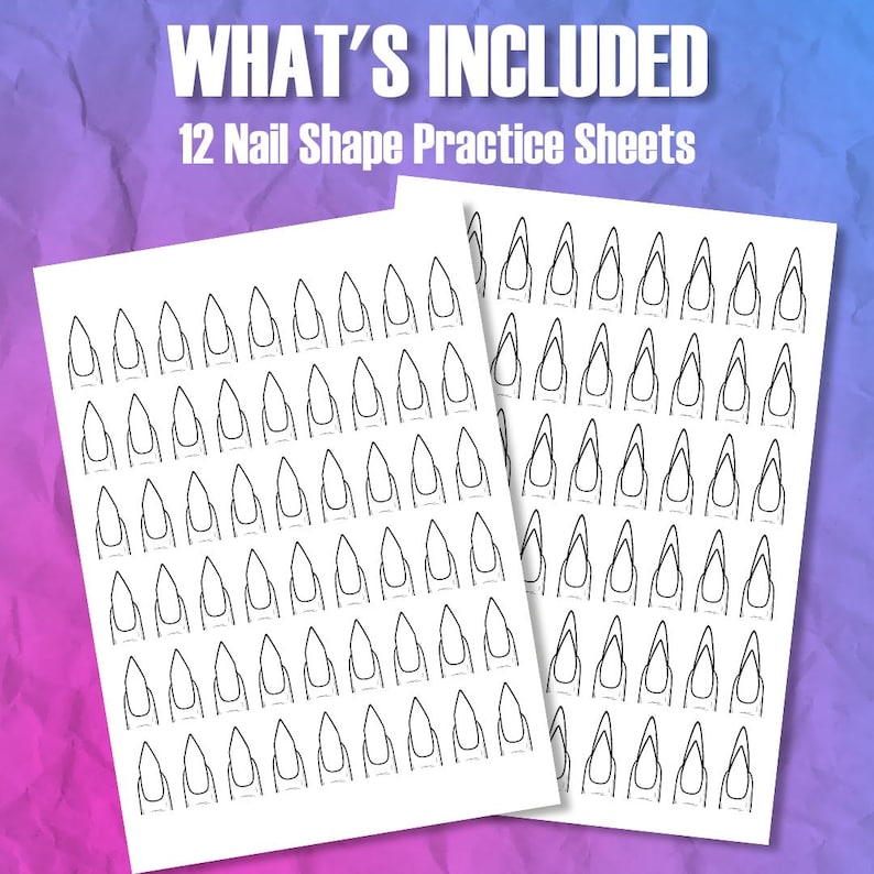 Peut inclure: Deux feuilles blanches avec des contours noirs de diff&eacute;rentes formes d'ongles. Le texte "WHAT'S INCLUDED" et "12 Nail Shape Practice Sheets" est en haut. Le fond est un d&eacute;grad&eacute; de violet et de rose.