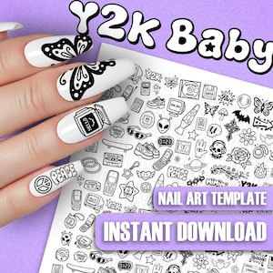 May include: A sheet of black and white nail art decals featuring Y2K-themed icons like butterflies, flip phones, cassette tapes, and alien heads, with the text Y2K Baby, Nail Art Template, and Instant Download printed on the design sheet.