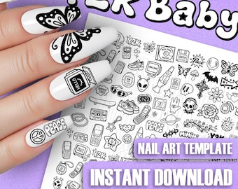 Y2K Nail Art Template Sheet: Retro Cyber Decals, Grunge Sticker Designs