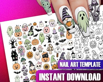 Halloween Nail Art Template: Printable Practice Sheet, Decals, Stickers, Wraps, Ghost Pumpkin Icons
