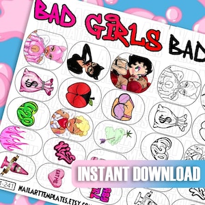 Bad Girl Nail Art Template | Sassy Pop Art Nail Practice Sheet | Bold Cartoon Digital Design for Nail Techs & Printable Practice Decals