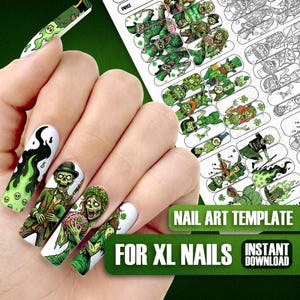 Könnte beinhalten: Nagelkunstvorlage für XL-Nägel mit Zombie-Designs. Die Designs umfassen grüne Zombies mit Kleeblättern, die Gehirne halten und Instrumente spielen. Die Nägel sind weiß mit grünen und schwarzen Akzenten. Der Text lautet "NAIL ART TEMPLATE" und "FOR XL NAILS".