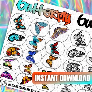 Butterfly Nail Art Template | Spring & Summer Nail Decals | Color and Outline Wings | Floral Insect Design | Digital Sheet for Nail Techs