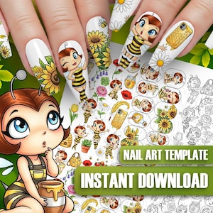 May include: White nail art featuring cartoon bees, sunflowers, and daisies. The nails showcase a bee-themed design with a cartoon bee character, honey pot, and phone case. The text "NAIL ART TEMPLATE" and "INSTANT DOWNLOAD" are visible.