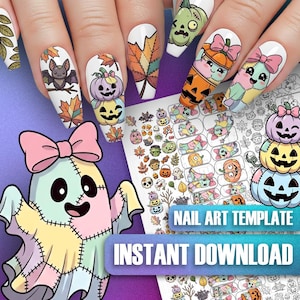 May include: A digital nail art template sheet featuring various Halloween-themed illustrations including pastel-colored ghosts, stacked pumpkins, bats, autumn leaves, and skulls. The sheet includes the text NAIL ART TEMPLATE and INSTANT DOWNLOAD.