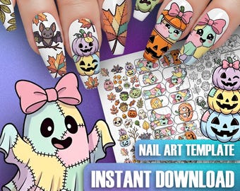 Sjabloonvel Halloween-nailart: herfstnagelstickers, stickers, oefenontwerp afdrukbaar