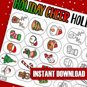 Puede incluir: Una hoja imprimible de 16 imágenes con temática navideña, cada una en una forma ovalada separada. Las imágenes incluyen un reno, un elfo, un muñeco de nieve, un pingüino, un gato, una media, un bastón de caramelo, un hombre de jengibre y un árbol de Navidad. El texto "HOLIDAY CHEER HOLIDAYS" está en la parte superior de la hoja. El texto "INSTANT DOWNLOAD" está en la parte inferior de la hoja.