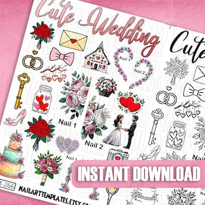 May include: A sheet of wedding-themed nail art templates with various illustrations. Designs include bouquets, hearts, wedding rings, a church, a bride and groom, and the text "Cute Wedding" and "Instant Download".