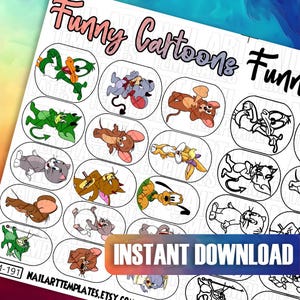 Funny Cartoon Nail Art Stickers | Cute Animal Decal Template | Nail Design Practice Sheet | DIY Nail Guide | Digital Nail Sticker File