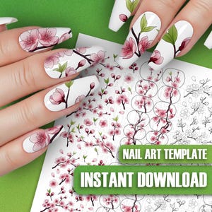 Può includere: Nail art bianco con disegni di fiori di ciliegio rosa. L'immagine mostra una mano con unghie lunghe dipinte con motivi floreali. È visibile anche un foglio con modelli di nail art e il testo "NAIL ART TEMPLATE" e "INSTANT DOWNLOAD".
