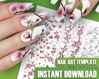 Kirschblüten Nail Art Vorlagen: Blumen Frühling Nagel Abziehbild Übungsblätter