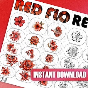 May include: Printable sheet of 20 red flower nail art stickers. The sheet features a variety of red flower designs, including roses, hibiscus, and other floral patterns. The sheet is labeled "Red Floral Re-usable Nail Art Stickers" and "Instant Download".